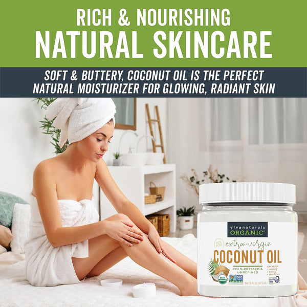 Viva Naturals Unrefined Cold-Pressed Extra Virgin Coconut Oil 16 fl oz, USDA Organic & Non-GMO