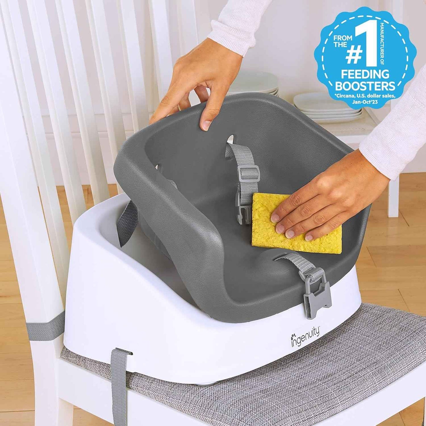 Ingenuity SmartClean Toddler Booster Seat for Kitchen Chair with Lightweight Design, 3-Point Harness Strap, Slate Color