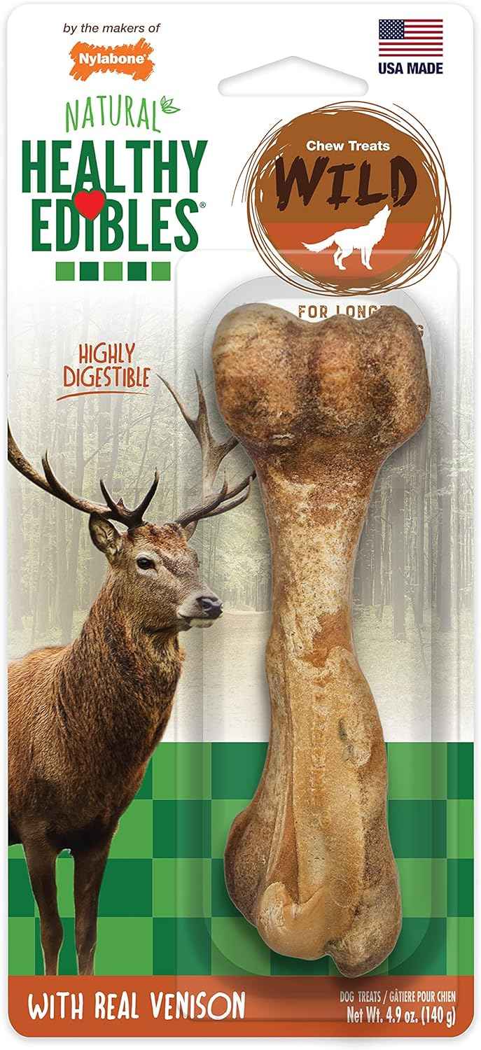 Nylabone Healthy Edibles WILD Natural Longer-Lasting Bison Flavor Bone Chew Treats for Dogs, Medium - Up to 35 lbs (2 Count)