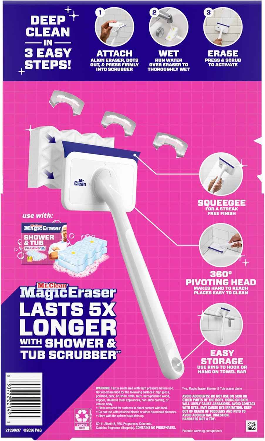 Mr. Clean Magic Eraser Shower & Tub Scrubber, Bathroom Cleaner, All in One Bathroom Cleaner, Lemon Starter Kit, 1 Scrubber & 2 Foaming Magic Erasers