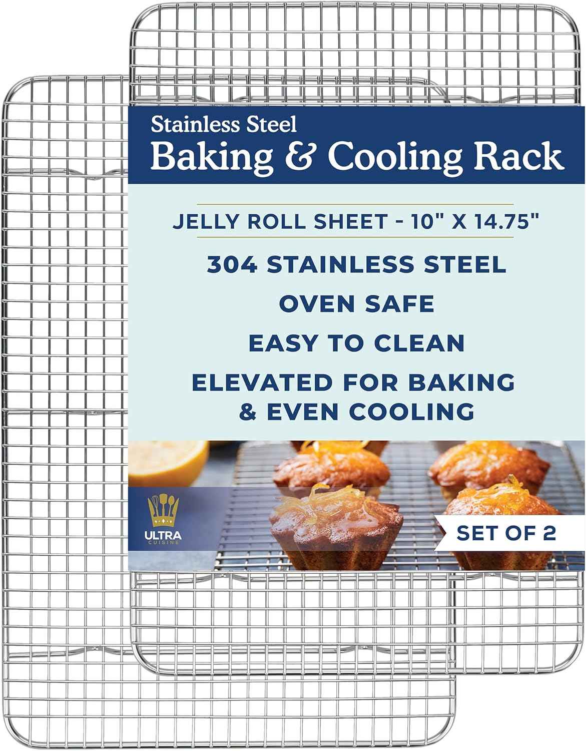 Ultra Cuisine Oven-Safe, Dishwasher-Safe 100% Stainless Steel Cooling and Baking Rack Set Heavy Duty Tight-Wire - 11.5 x 16.5-inch - Set of 2 - Half Sheet Pan Cooling Racks