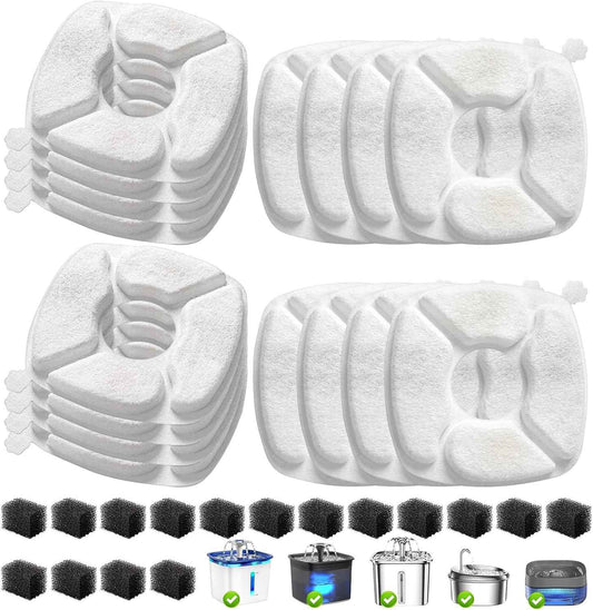 32 Pcs Cat Water Fountain Replacement Filters-16 Pack Cat Fountain Filters with 16 Pack Sponges, Enhanced Compatibility Pet Fountain Filter Fit for 95oz/2.8L 135oz/4L 67oz/2L Pet Drinking Fountain