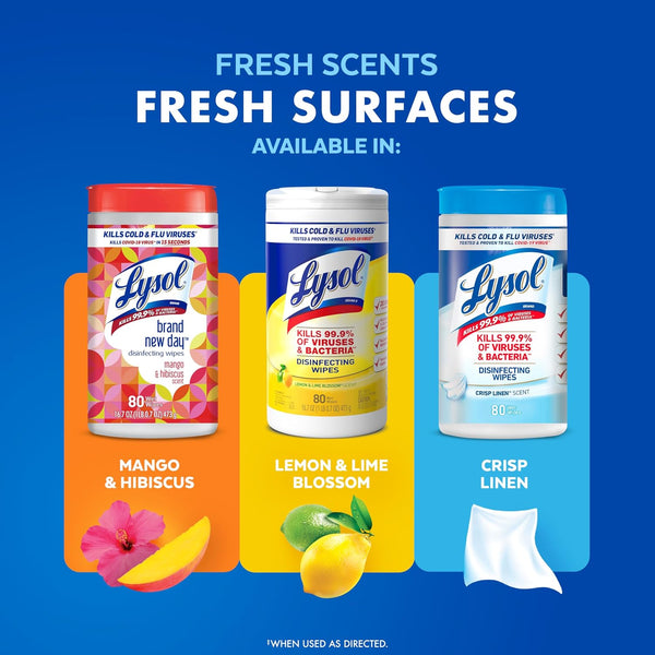 LYSOL Disinfecting Wipes, All Purpose Cleaner, Multi-Surface Antibacterial Cleaning Wipes, Household Cleaning Supplies, Dorm Essentials, Lemon & Lime Blossom Scent, 80 ct. (3 Pack)