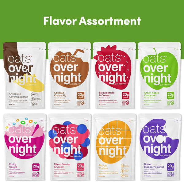 Oats Overnight Fruit Variety Pack - High Protein, High Fiber Breakfast Protein Shake - Gluten Free Oatmeal, Non GMO High Protein Oatmeal - Fruity Cereal, Chocolate Covered Banana & More (8 Pack)
