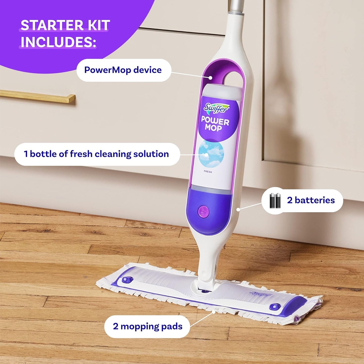 Swiffer PowerMop Multi-Surface Mop Kit for Floor Cleaning, Includes PowerMop, 2 Mopping Pad Refills, 1 Cleaning Solution with Fresh Scent and 2 Batteries - Rayz Mart