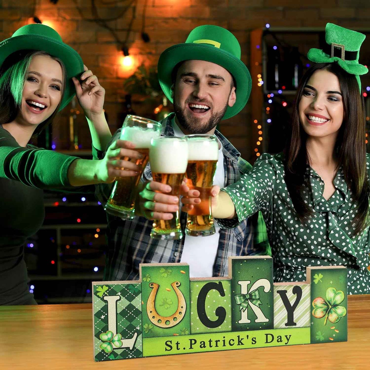 Valentine's Day & St. Patrick's Day Wooden Table Sign - LUCKY LOVE Reversible Tabletop Decor - Rustic Double-Sided Different Theme Irish Farmhouse Table Centerpiece