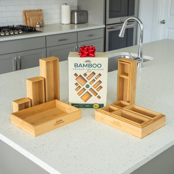 Bamboo drawer organizer boxes for kitchen, bathroom, office, and desk