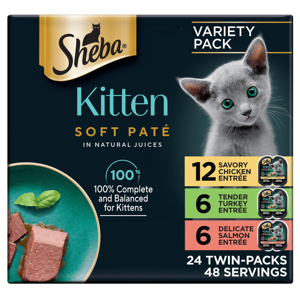 Sheba Perfect Portions kitten wet cat food pate chicken, salmon, and turkey entrees, 2.6 oz twin-pack trays, 24 count, 48 servings