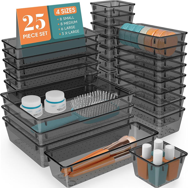 Clear Plastic Drawer Organizer Set for Desk, Kitchen, Bedroom, Bathroom, Office