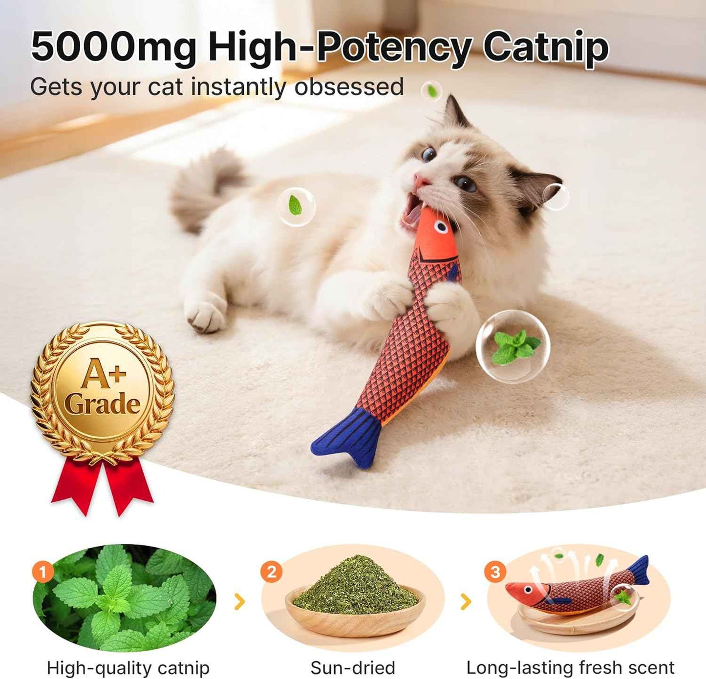 Potaroma Cat Toys Saury Fish, 3 Pack, Catnip Crinkle Sound, Soft and Durable, Interactive Kitten Kicker for Indoor Kitty Exercise 9.4 Inches for All Breeds