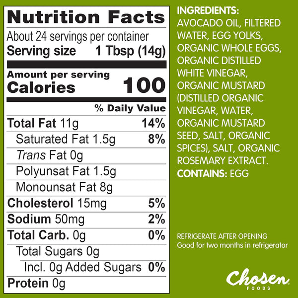 Chosen Foods 100% Avocado Oil-Based Classic Mayonnaise, Gluten-Free, Low-Carb, Keto Diet Friendly, 12 fl oz
