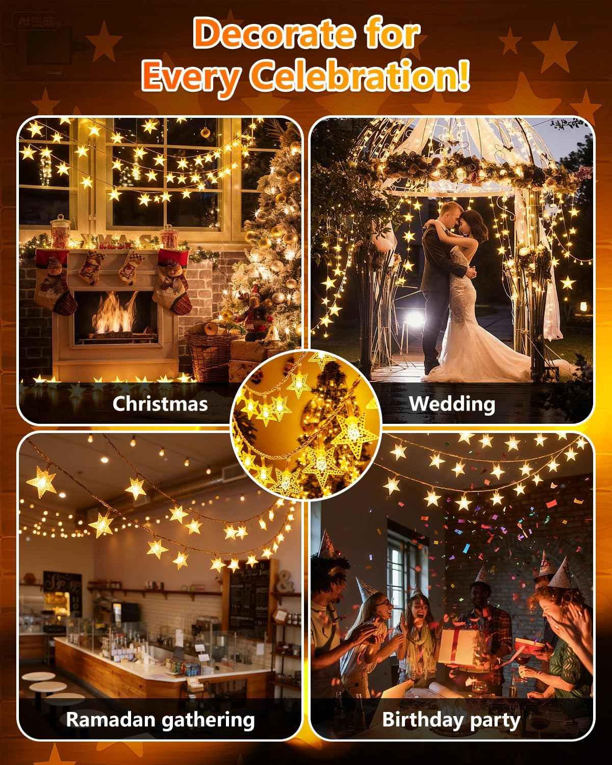 Twinkle Star 100 LED Star String Lights, 33FT Plug in Fairy String Lights Waterproof, Extendable for Indoor, Outdoor, Wedding Party, Christmas Tree, New Year, Ramadan, Garden Decoration, Warm White