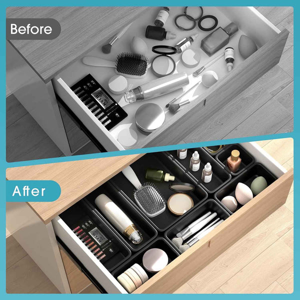 10 PCS Drawer Organizer Set, 4 Size Makeup Drawer Dividers with Non-Slip Pads, Interlocking Plastic Storage Bins for Office, Jewelry Vanity, Gadget, Bathroom, Kitchen