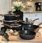 12-Piece Granite Cookware Set with Non-Stick Coating and Wood Look Handles