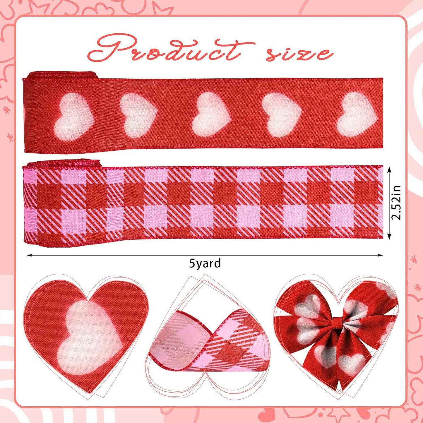 Valentine's Day Ribbon for Wreath Bow Wrapping Gifts, Plaid Red Hearts Patterned Ribbon 2.5" X 10 Yard Wired