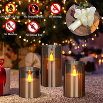 Flameless Candles 4" 5" 6" Set of 3 Acrylic Glass Pillars 3" Diameter Battery Operated Flickering Candles Include 10-Key Remote with Timer Function 400+ Hours (Gray, Warm Light 3 Pack)