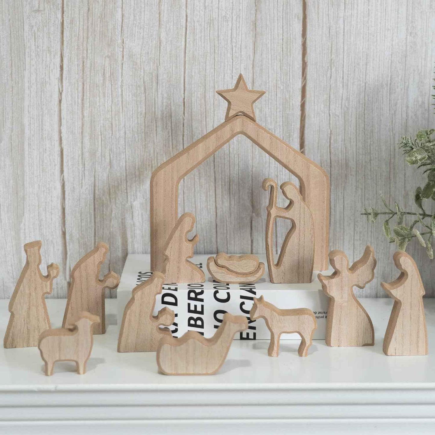 NEROSUN Nativity Scene Set, 13Pcs Wooden Christmas Nativity Scene Miniature Holy Family Figurines, Minimalism Boho Tabletop Christmas Manger Decorations for Indoor Home Mantel Display