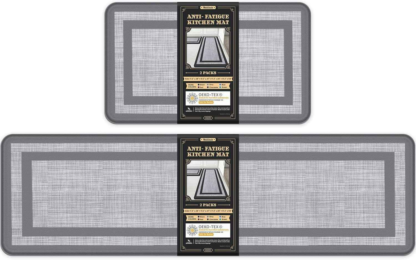Mattitude Kitchen Mats Set of 2，Cushioned Anti-Fatigue Non-Skid Rug Sets Ergonomic Comfort Standing Mat for Kitchen, Floor, Office, Sink, Laundry, Black and Gray