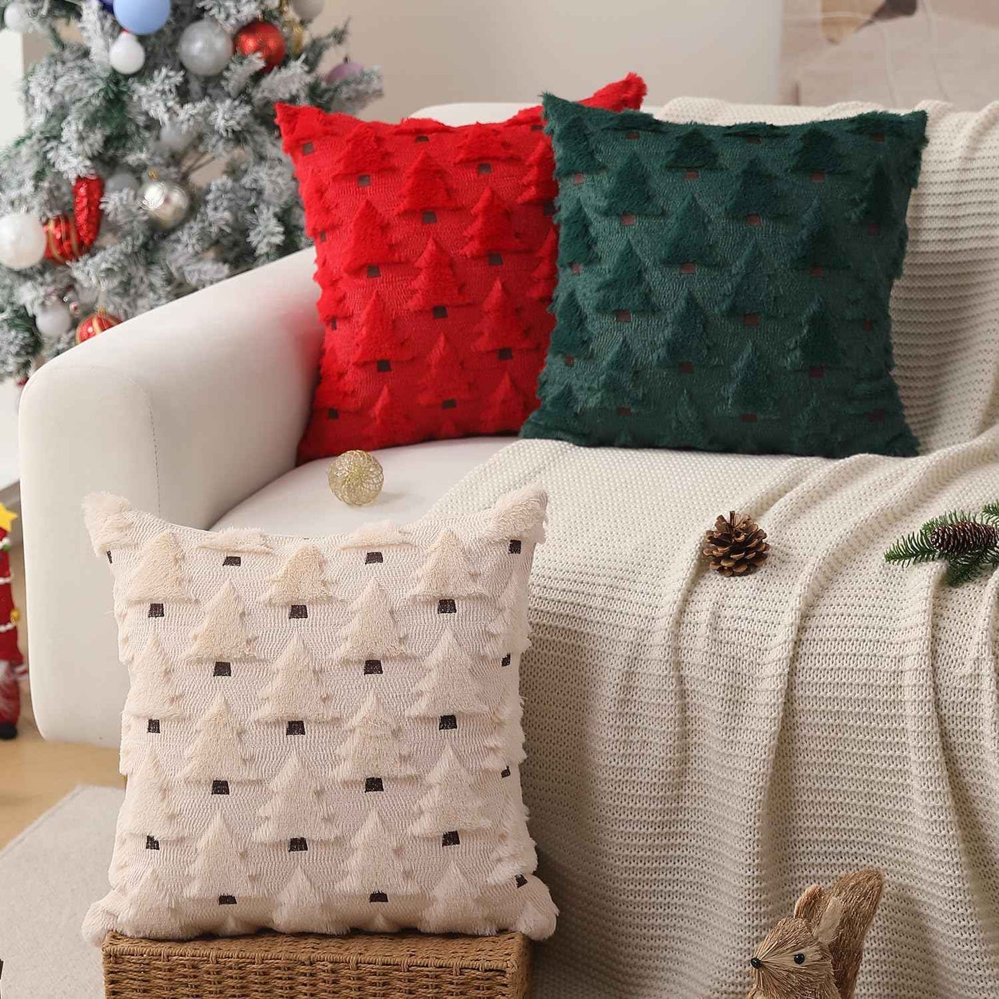 Christmas Pillow Covers 18x18 inch, Set of 2 Soft Plush Faux Fur Wool Throw Pillow Cases with Beige Christmas Tree Design