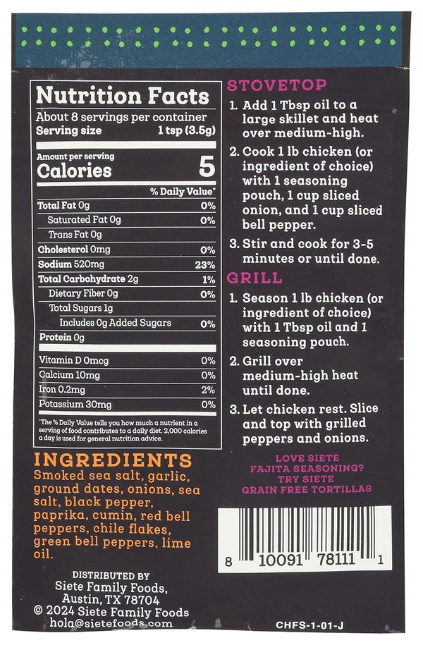 Siete gluten-free chicken fajita seasoning mix for whole30 approved meals, 7 servings, vegan, non-gmo, 1 packet