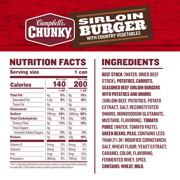 Campbell's Chunky Sirloin Burger with Country Vegetable Beef Soup, 16.3 oz Cans (Pack of 8)