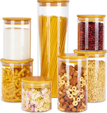 7-pack glass food storage jars with bamboo lids for kitchen organization