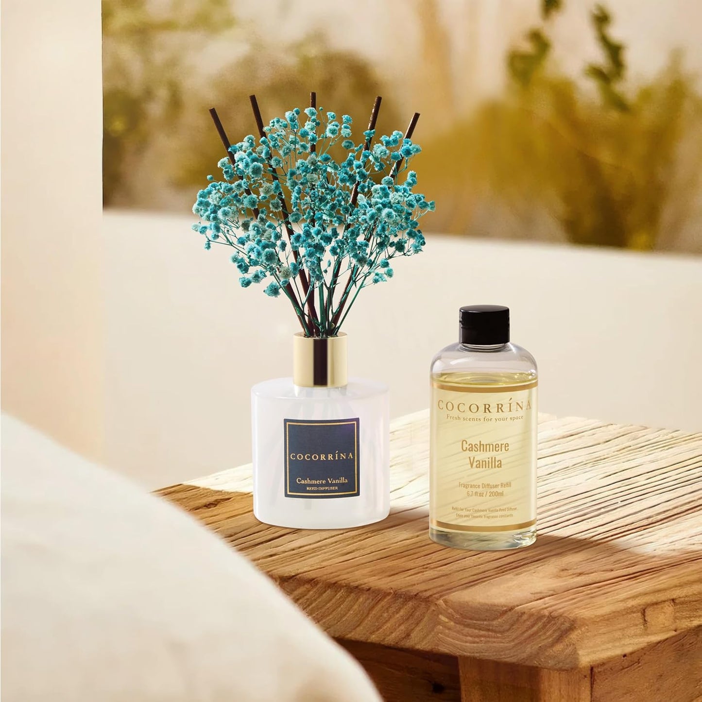 Cocorrína Premium Reed Diffuser Set with Preserved Baby's Breath & Cotton Stick Cashmere Vanilla | 6.7 fl oz Scent Fragrance Oil Diffuser for Bedroom Bathroom Home Décor