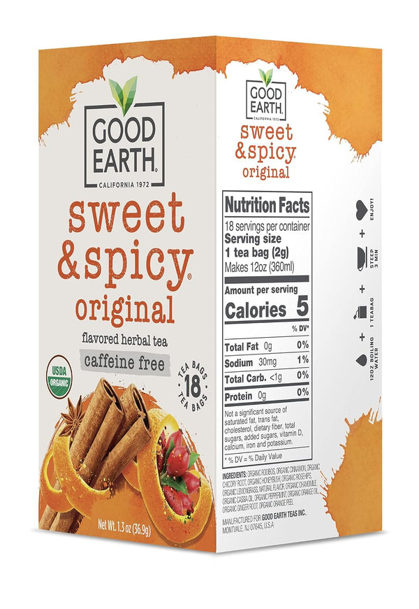 Organic Sweet & Spicy Herbal Caffeine Free Good Earth Teas 18 Tea Bags