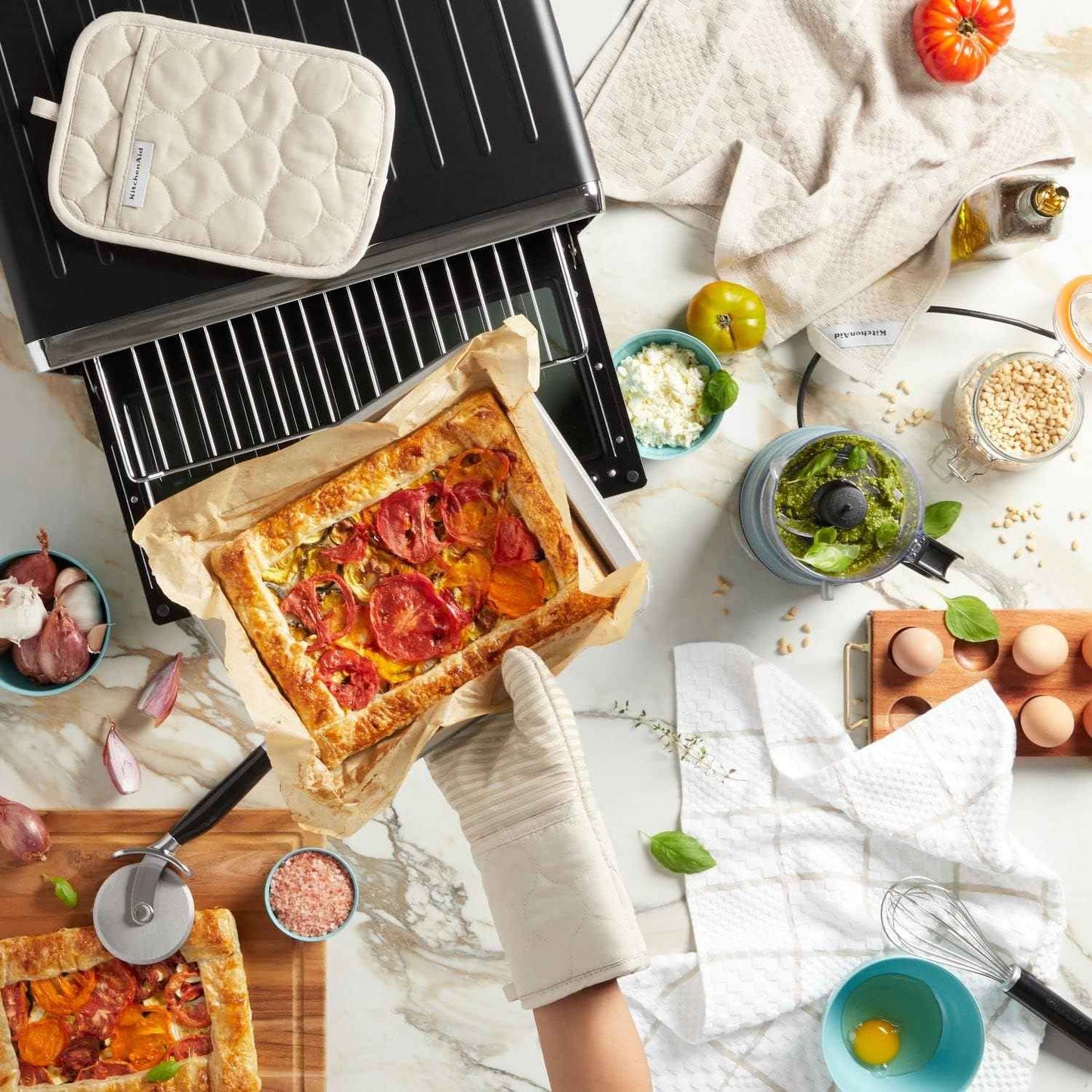 KITCHENAID Quilted Cotton Terry Cloth Oven Mitt, Pot Holder, Kitchen Towel 4-Pack Set, Heat Resistant, Silicone Grip, 16"x26", 7"x13" & 7"x10", Milkshake