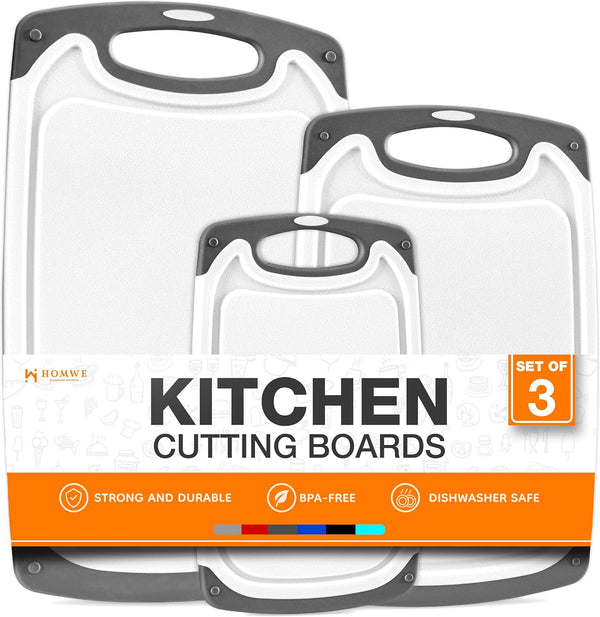 3-piece cutting board set with non-slip handles and gray color