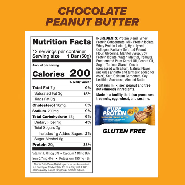 Pure Protein Chocolate Peanut Butter Bars, 20g Protein, 3g Sugar, 190 Calories, 12 Count, Gluten Free