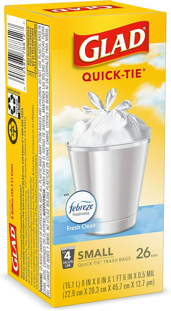 Glad Small Trash Bags 4 Gallon, Febreze Fresh Clean Garbage Bags, Odor Resistant with Quick Tie, 26 Count - Rayz Mart