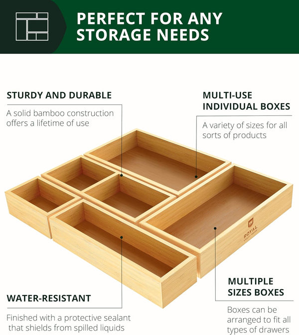 5-piece bamboo drawer organizer set for multi-use storage