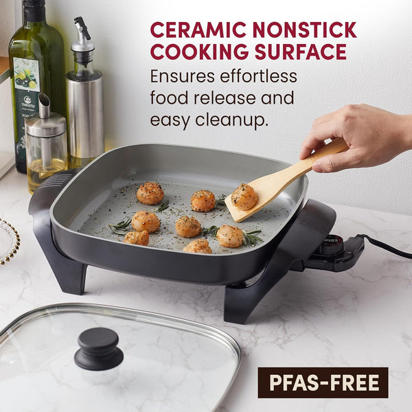 Elite 12"x12"x2.15" Ceramic Electric Skillet with Rapid Heat Up and Dishwasher Safe