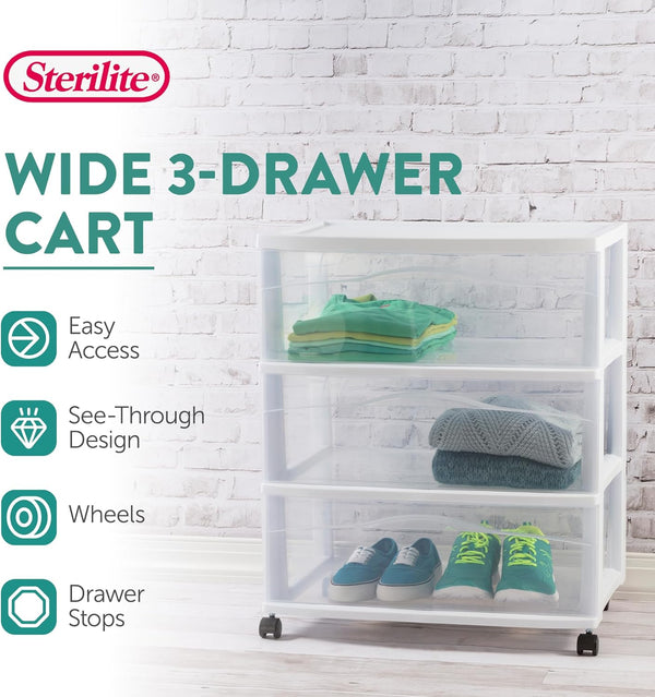 Sterilite Wide 3-Drawer Cart for Storage and Organization
