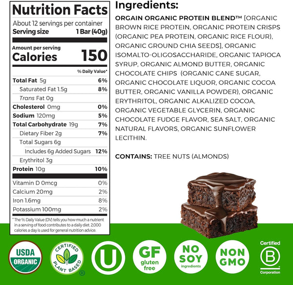 Orgain Organic Vegan Protein Bars, Chocolate Brownie, 10g Plant Based Protein, 12 Count
