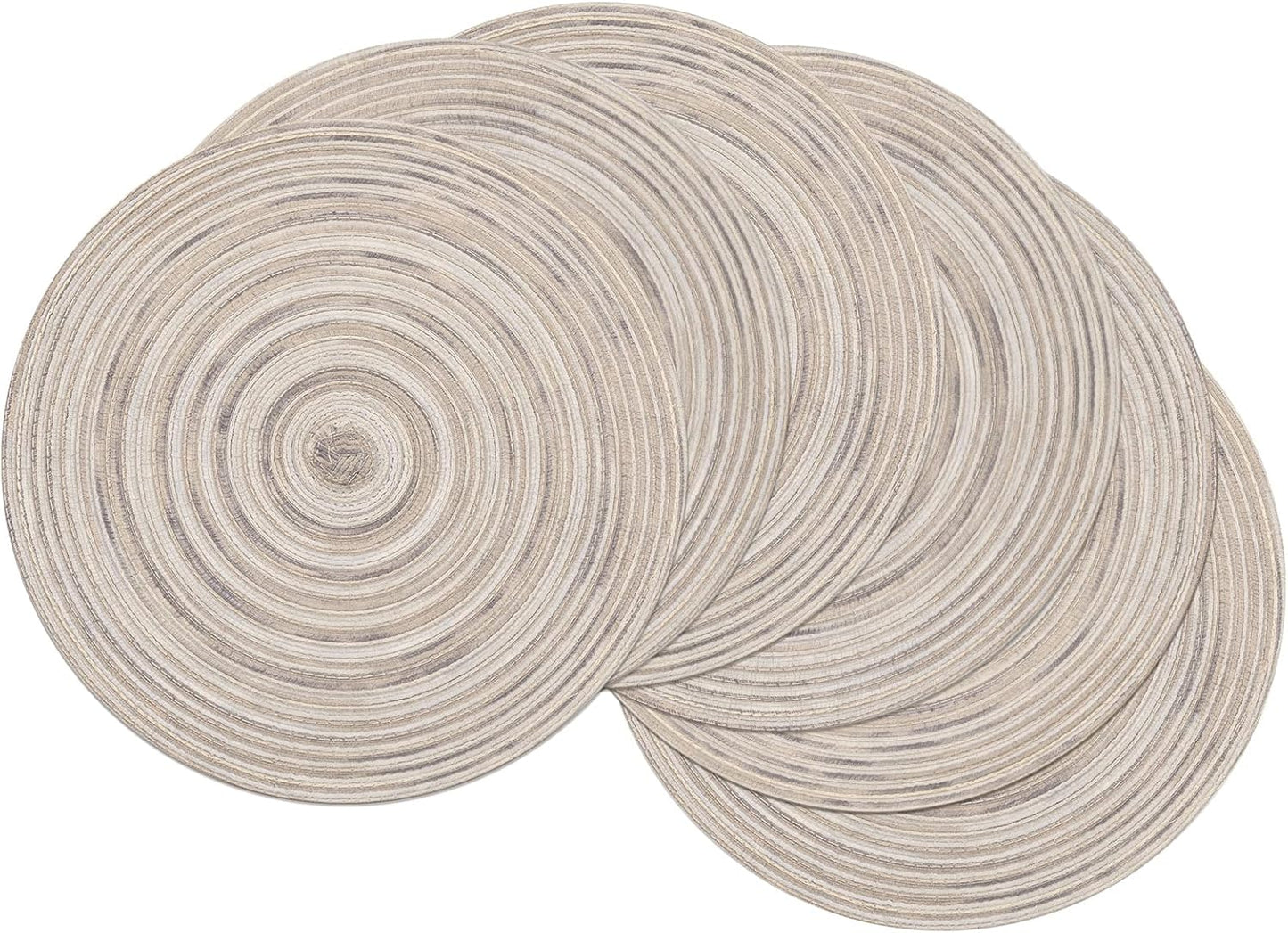 SHACOS 15 inch Round Braided Placemats Set of 6 Non Slip Heat Resistant Cotton Polyester Table Mats Washable Place Mats for Kitchen Dining Party Table Decor (Beige, 6)
