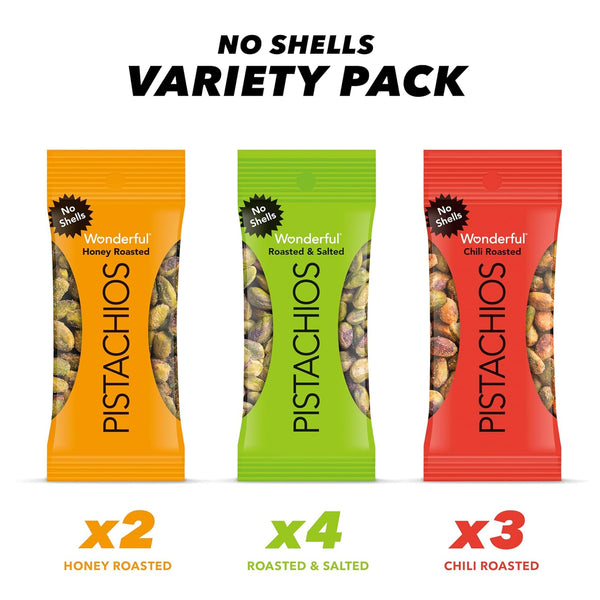 Wonderful No Shells Pistachios 3 Flavors Variety Pack Roasted Salted Chili Honey 9 x 0.75 Ounce Gluten Free Healthy Snacks