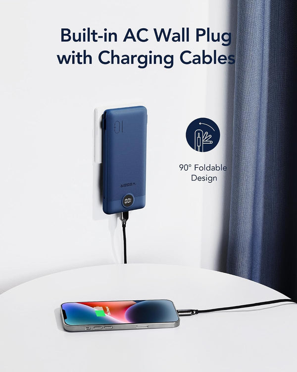 VEGER Portable Charger with Built-in AC Plug and Cables, All in One 10000mAh Ultra Slim Power Bank Emergency Fast Charging for Travel Battery Pack Compatible with iPhone, Samsung, Android, Navy