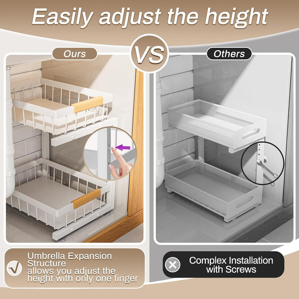 Adjustable Height Under Sink Organizer 2 Pack for Kitchen Bathroom