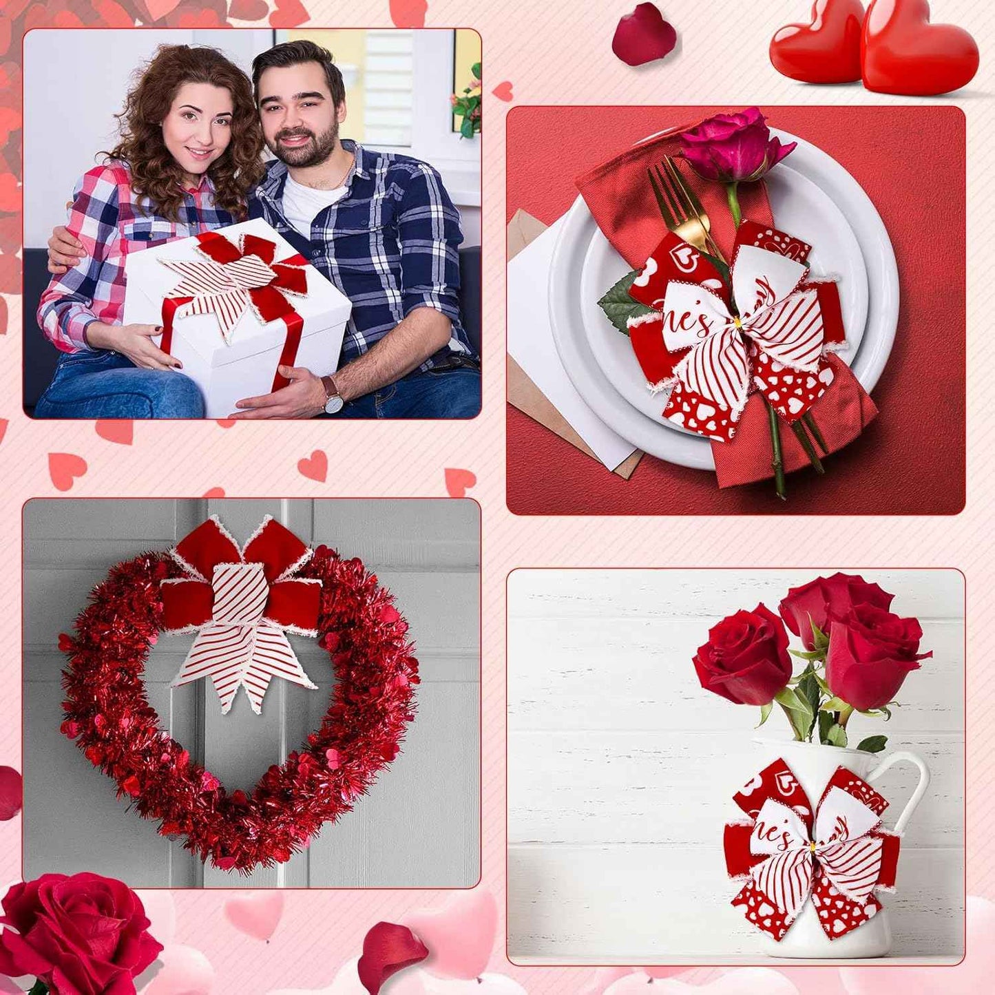 Whaline 36 Yard Happy Valentine's Day Wired Edge Ribbon Red White Love Hearts Craft Ribbon with Burr Wedding Fabric Wrapping Ribbon for Anniversary Wreath Bow Making DIY Crafts Supplies, 6 Roll