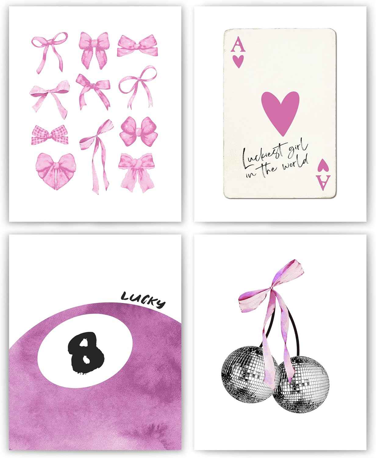 okaxscm Sage Green Coquette Trendy Preppy Wall Art Prints Set of 4, Coquette Preppy Room Decor Aesthetic, Green Bow Disco 8 Ball Cherry Wall Decor Posters for Girls Bedroom Dorm, 8x10 Unframed