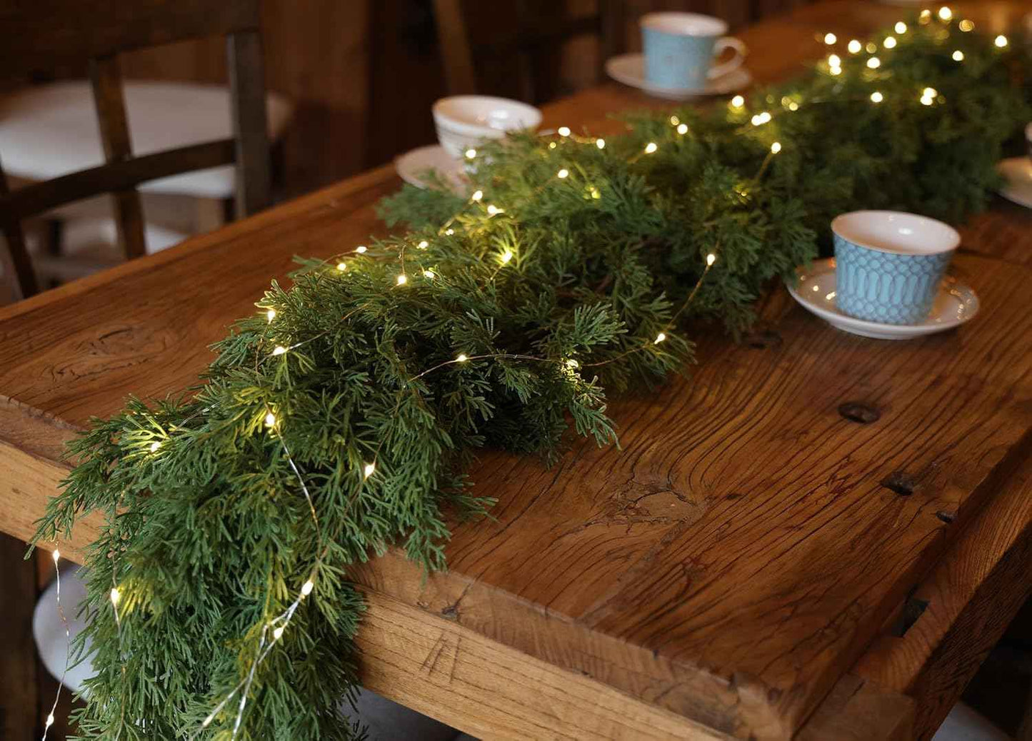 6FT Christmas Garland PARTY JOY Cedar Garland with 9.8FT LED String Lights, Greenery Plant for Christmas Decorations Table Mantle Background Wall Room Outdoor Indoor Winter Decoration