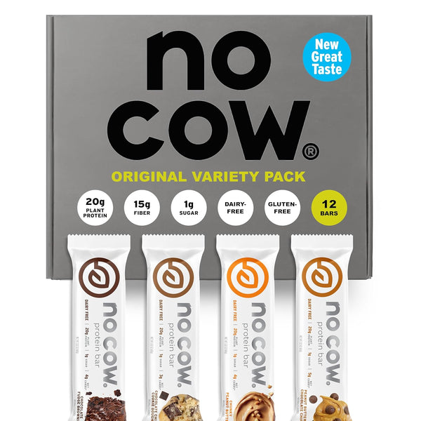 No Cow Vegan Protein Bar Sampler Pack, 20g Plant Based Protein, Gluten Free, Dairy Free