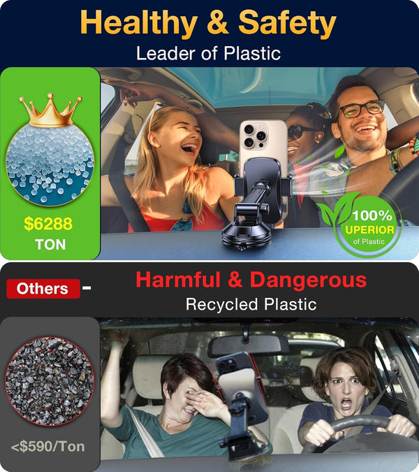 Phone holder for car dashboard, windshield, or vent with strong suction and adjustable arm