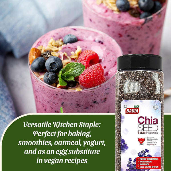 Badia Chia Seed, 22 oz - High Fiber, Omega-3, Protein, Energy Boost - Smoothies, Yogurt, Baking, Oatmeal