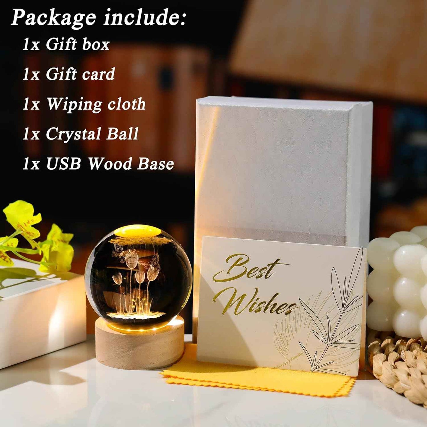 Enjinkail 3D Butterfly Tulips Crystal Ball with Wooden Light Base Glass Tulip Figurine Gift for Women Decor Tulips Statue Gifts for Mother's Day Birthday Valentine Christmas (Diameter 2.36 inches)