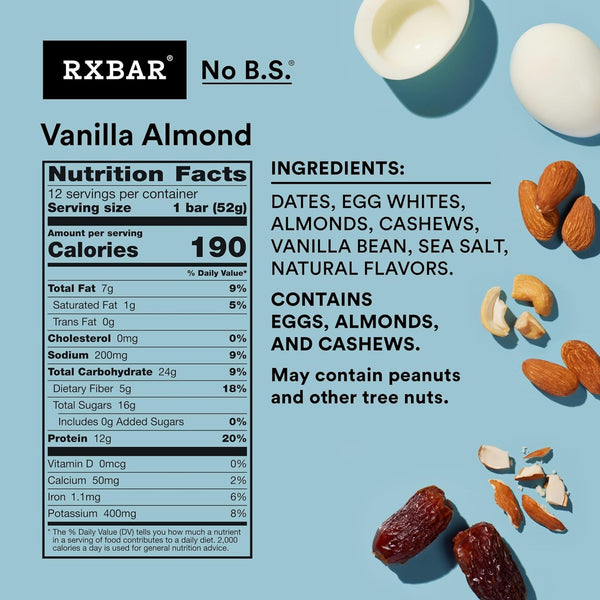 RXBAR Vanilla Almond Protein Bars, 12 Count, 22oz Box, Gluten Free, High Protein Snack