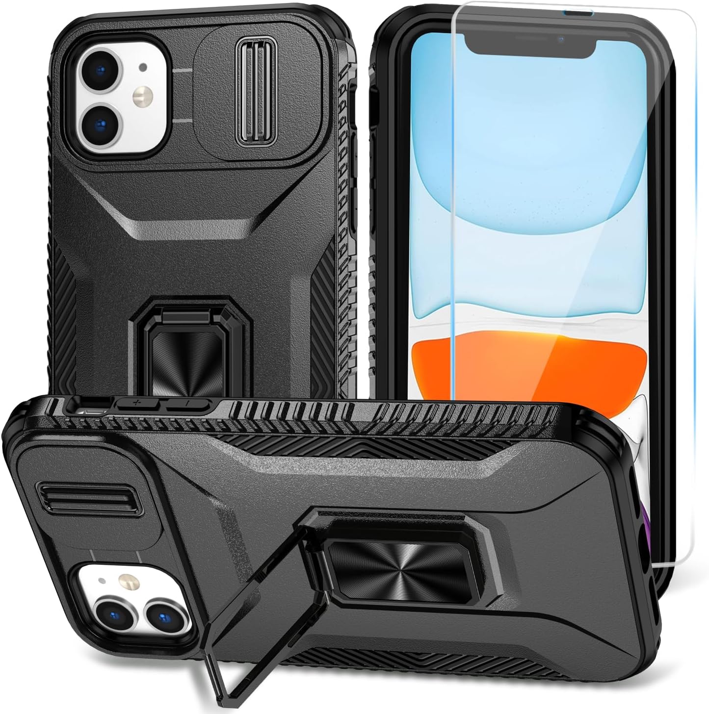 SunStory Phone Case for iPhone 16 6.1" with HD Screen Protector | Slide Camera Cover | Rotated Ring Kickstand | Military-Grade Protection | Red