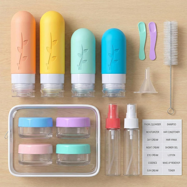 Travel Bottles Kit (16 Pack) - TSA Approved, Leak Proof Silicone Squeezable Containers for Toiletries. Complete Set with Jars, Sprayers & Bag (White)